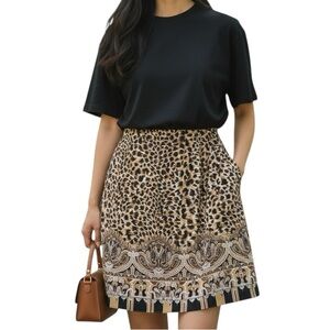 Peter Martin Vintage Leopard Print Border Print Silk Faux Wrap Skirt 14
